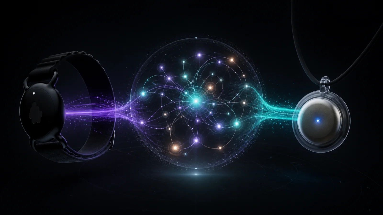 Fieldy and Omi wearables sending spoken-life streams into a connected Living Code OS memory graph